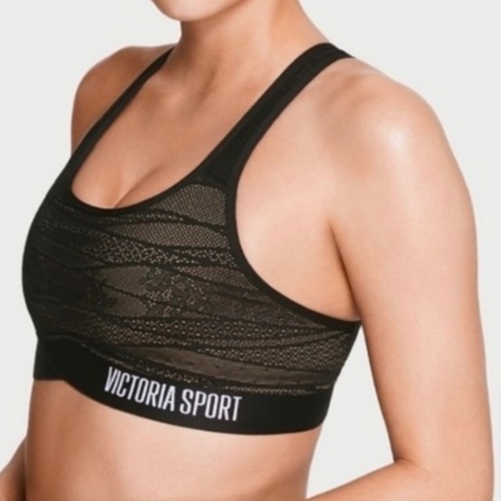 Victoria Sport The Player Racerback Black Athletic Yoga Lace Mesh Sports Bra M